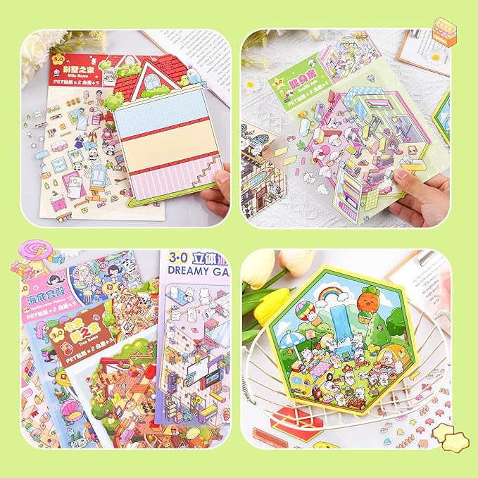 24 Sets 3D Scene Sticker Therapy Fun Cartoon Make Your Own Room Shop Scenes DIY House Stickers for Kids Cartoon Animal Relief Stress Own