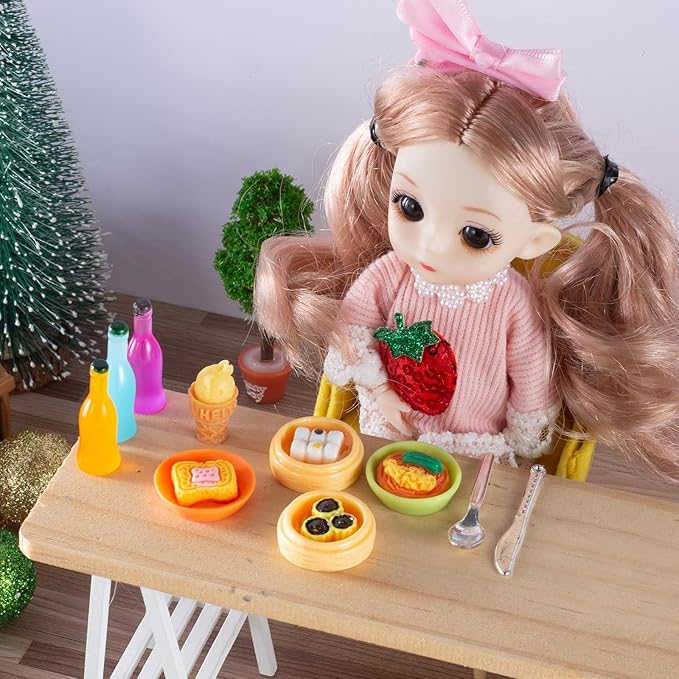 150Pcs Miniature Food Drinks Bottle Toys Mixed for Dollhouse Kitchen Accessories Mini Play Fake Resin Pretend Game Party Tableware 1/12 Doll House Bread Cake Models Micro