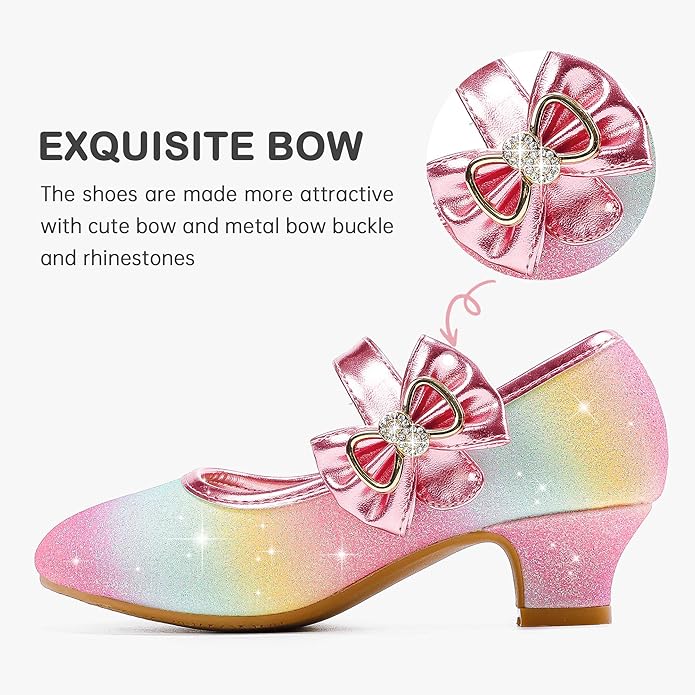 Dufannie Girls Dress Shoes Low Heel Princess Flats Mary Jane Flower Wedding Party Glitter Shoes for Kids Toddler