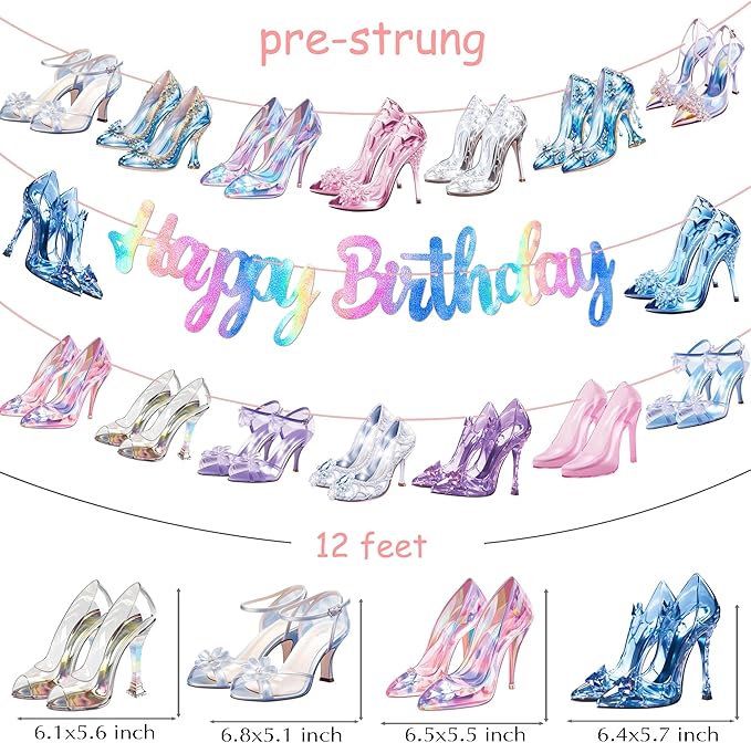 Crystal High Heel Birthday Banners Glass High Heels Birthday Party Supplies 3Pcs Diamond Shoes Banners Girls Princess Party Decor for Fashion Shoes Engagement Wedding Decoration