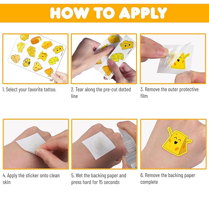 96 PCS Funny Cheese Pre-Cut Temporary Tattoos Birthday Party Decorations Supplies Favors Cute Yellow Cheese Dairy Food Sweet Cheesy Decor Stickers For Boys Girls Gift School Prizes Rewards