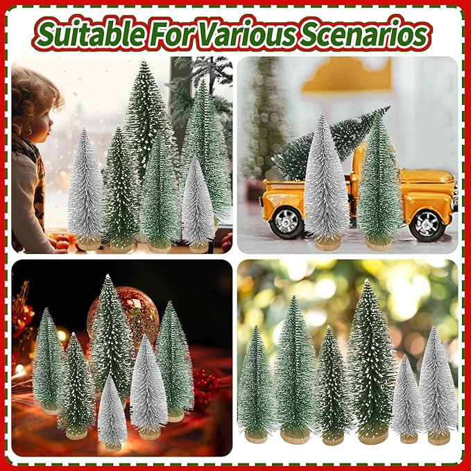 Yahpetes Christmas Trees 6 Pcs Artificial Bottle Brush Tabletop Trees Christmas Table Decorations for Xmas Holiday Party Decor (Silver,Green,Dark Green 6Pcs)