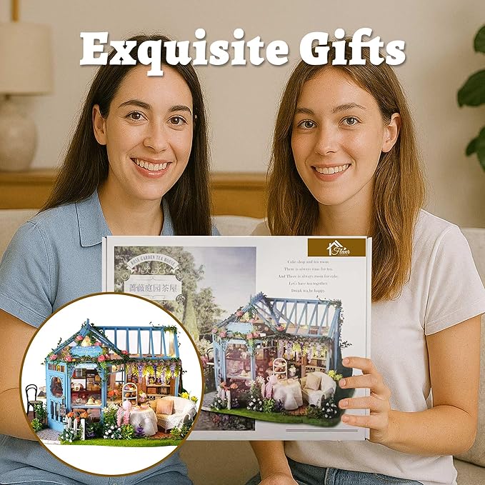 Flever Dollhouse Miniature DIY House Kit Creative Room with Furniture for Romantic Artwork Gift-Rose Garden Tea House
