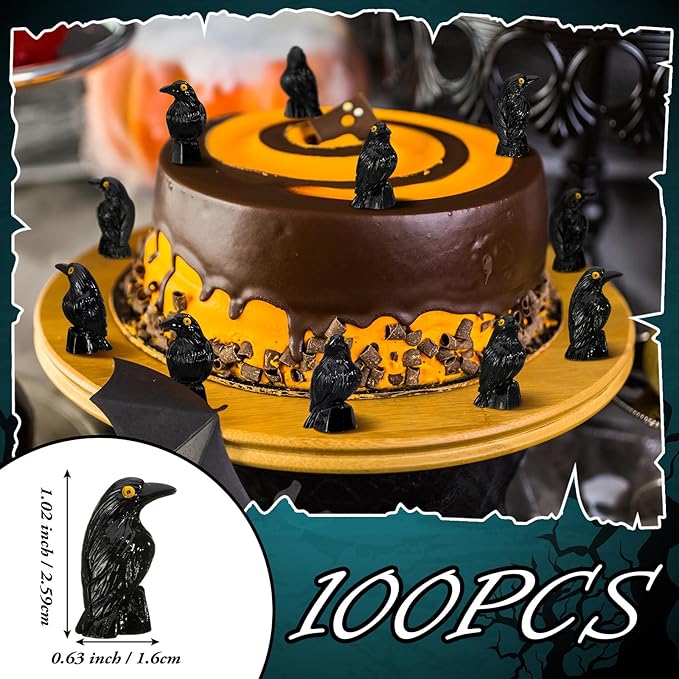 100 Pcs Miniature Crows Decor Mini Resin Crows Figures Black Raven Figurines Tiny Resin Animals for Holiday Scene Micro Landscape Spooky Party Table Decor