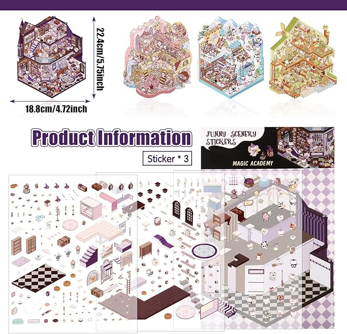 DIY 3D House Stickers, 4 Set Fun DIY Stickers Scene Make Your Own Warm Home, Supermarket, Coffee Shop, Music Bar, Cute 3D Cartoon Scene Sticker for Adult Kids Relief Stress Pass The Time (XMPLUS2.0)