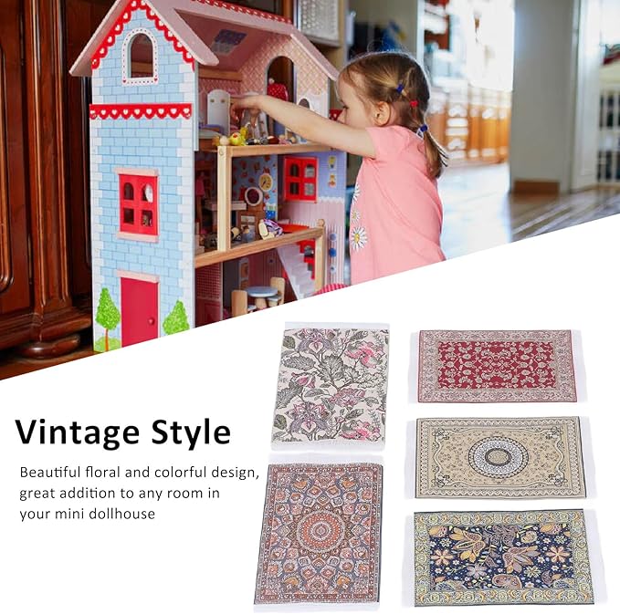 5Pcs Doll House Rug, 1/12 Floral Print Miniature Carpet, 6.3x3.8in Miniature Rugs for Doll House, Woven Fabric Miniatures Floor Blanket for Mini Furniture Decoration
