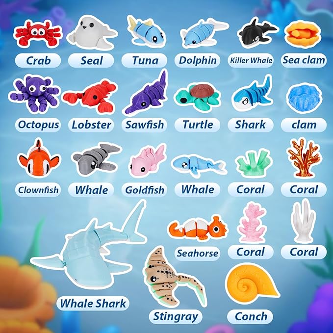 3D Printed Sea Animal Toys - 24Pcs Ocean Animals Figurines Toys for Kids - Flexible Articulated Fidget Toys for Birthday Party Favors Gifts Desk Pets Decoration