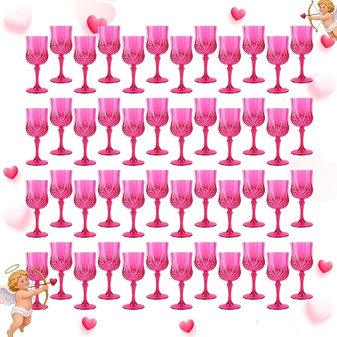 LEYIQU Plastic Wine Glasses, Plastic Goblets Vintage Style Cordial Drinking Glasses for Valentine’s Day, Wedding Reception, Grand Event Party Supplies (48, Hot Pink)