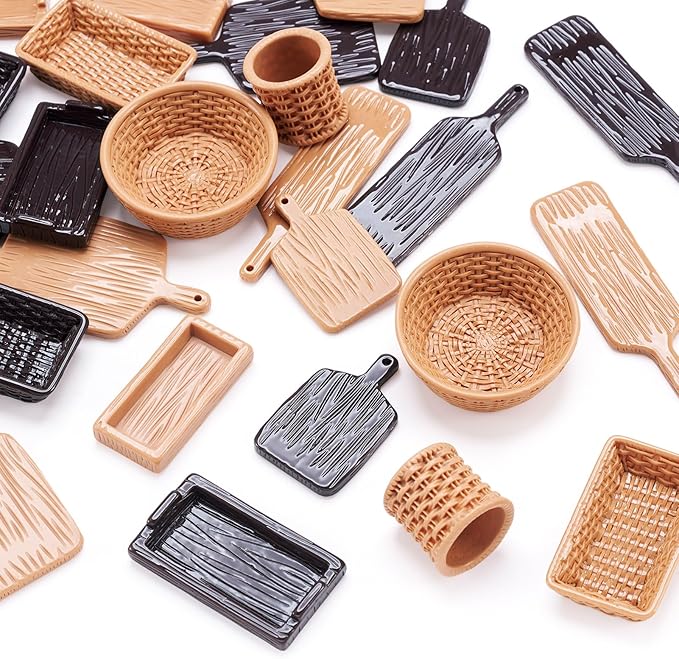 26 Pcs Plastic Miniature Trays Miniature Kitchen Basket Food Trays Cute Tableware Dishes Dollhouse Ornaments for Landscape Dollhouse Garden Tea Party Decor