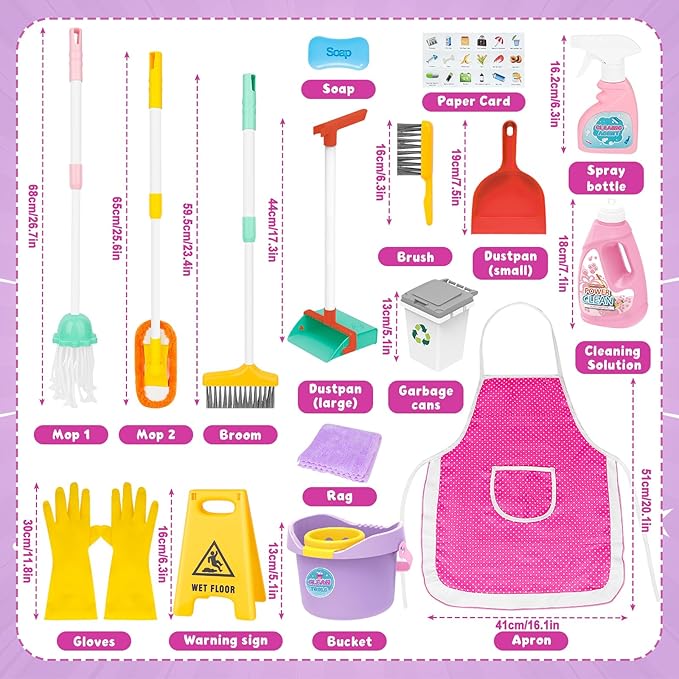 deAO Kids Cleaning Set 17 Pcs,Toy Cleaning Set Includes Broom,Mop,Brush,Dust Pan,Duster,Sponge,Clothes,Spray, Bucket, Caution Sign,Pretend Housekeeping Play Set