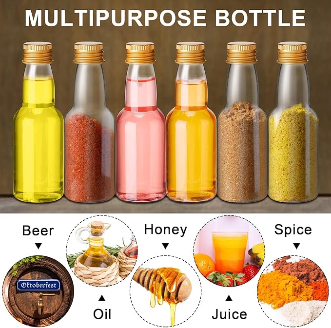120 Pcs Mini Liquor Bottles Airtight Shot Miniature Empty Plastic Alcohol Spirit Shot Bottles with Funnels for Party Favors, Weddings(2 oz,Gold)
