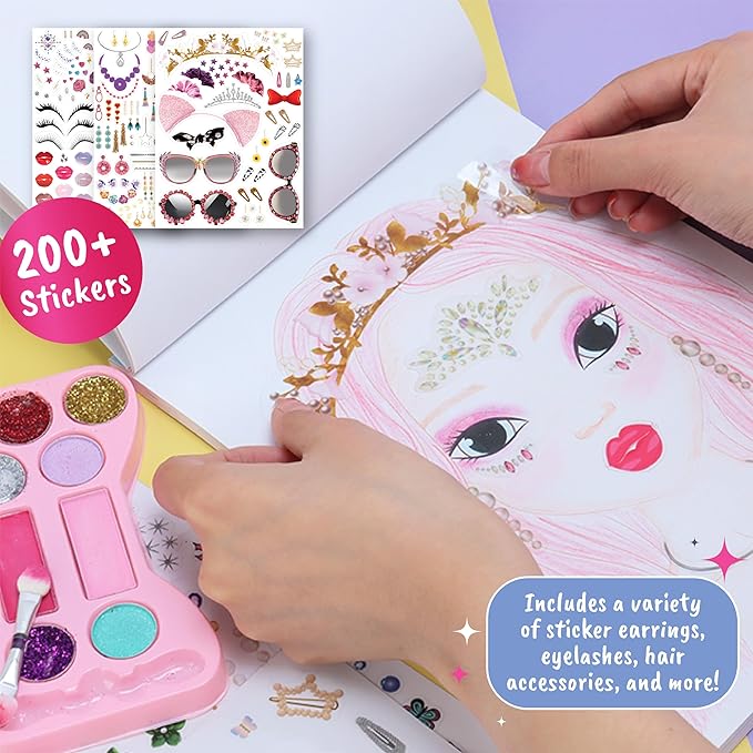 BSCOOL Make-up Artist. 3 in 1 Fun Makeup, Sticker, Coloring Kit, Includes Color Pencils, Makeup Palette, and 200+ Stickers. for Girls Ages 5,6,7,8. Christmas Gift for Girls
