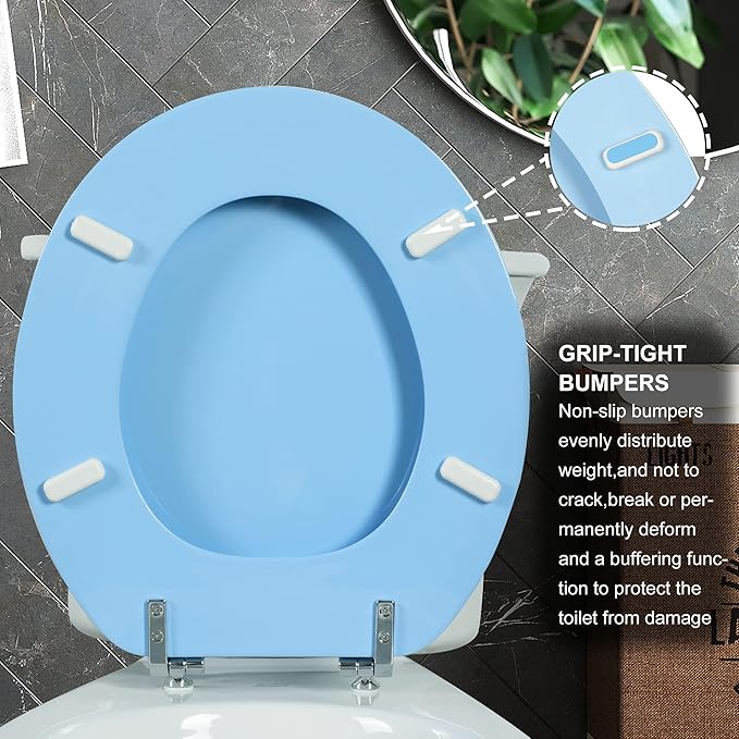Blue Round Toilet Seat Natural Wood Toilet Seat with Zinc Alloy Hinges, Easy to Install also Easy to Clean, Scratch Resistant Toilet Seat by Angol Shiold (Round, Blue)