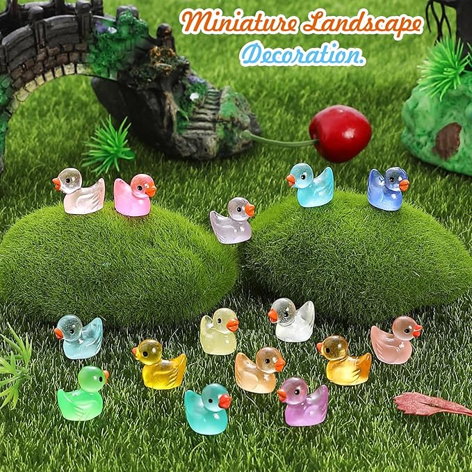 225 Pcs Luminous Mini Resin Ducks Glow in The Dark Tiny Small Ducks Miniature Figurines for Landscape Dollhouse Decor Aquarium Garden DIY Accessories Themed Party Gifts