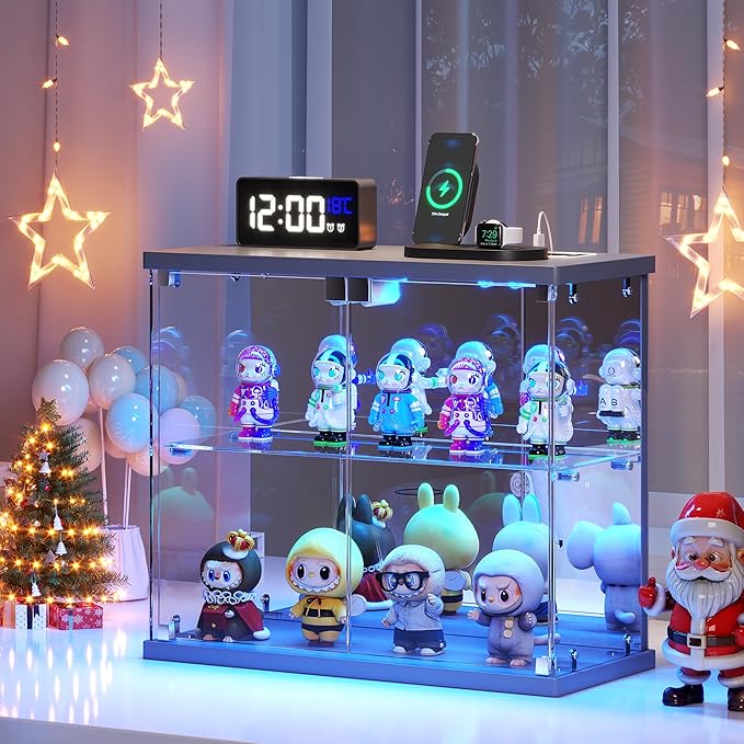 2pcs LED Clear Glass Display Case - for Figures & Collectibles, Small 2-Tier Display Cabinet with Charging Station, Display Box with Lights & Human Sensor, for Model Car, Perfume, Grey