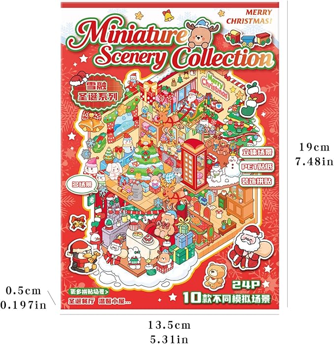 Christmas Sticker Book Collection, 10 Sets 3D Christmas Stickers, DIY 3D Miniature House Stickers Collection Book, Make Gifts for Adults and Kids, Fun Simulated Scene Game for Girls