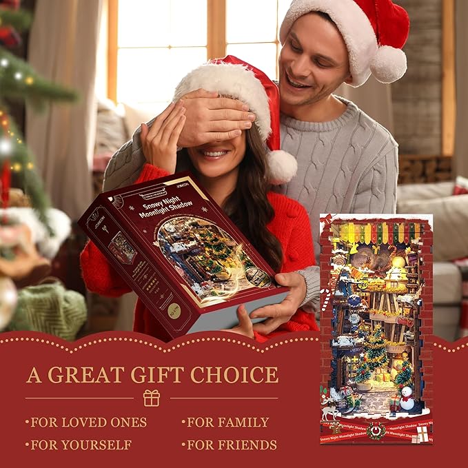 DIY Book Nook kit - Christmas Style Miniature House Kit Bookshelf Insert Decor, 3D Wooden Puzzle with LED Dust Cover, Gift for Adults Teens Birthdays - Christmas Snow Night