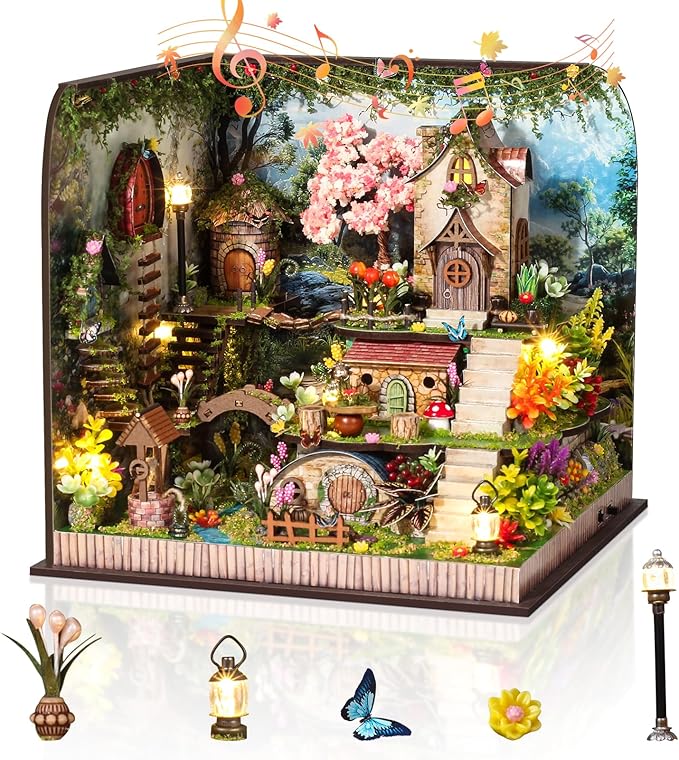 DIY Miniature House Kit, Dollhouse Kit with Music and LED Light, Mini House Building Kits for for Adult to Building, Christmas Home Decorations Gifts for Family and Friends, Whisperwood