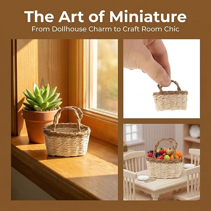 Totority Miniature Woven Basket for Dollhouse Realistic Handheld Prop for Home Decor Crafts and Photography Mini House Supplies Color