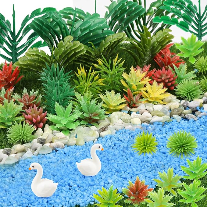 QUOZUO 82pcs Model Plants Miniature Trees Train Scenery Rainforest Fairy Garden Accessories Model Railway River Sand Stone Artificial mini Plants Park Garden Scene Architecture Building Model