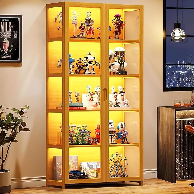 Display Cabinet with Acrylic Glass Doors, 5-Tier Bamboo Curio Display Case for Figures - Display Shelves for Collectibles & Toy Display Cabinet for Home, Office, Playroom, Living Room