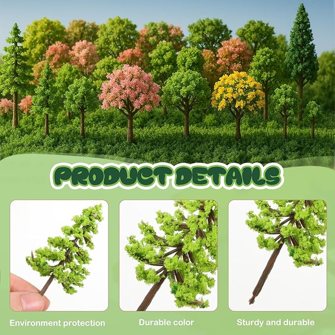 56 Pcs Diorama Trees Kit Include 55 Pcs Plastic Model Trees for Crafts 1 Piece 7.9in-11.8in Green Lawn Decorative Mini Fake Miniature Tree Materials for Scenery Architecture DIY Craft