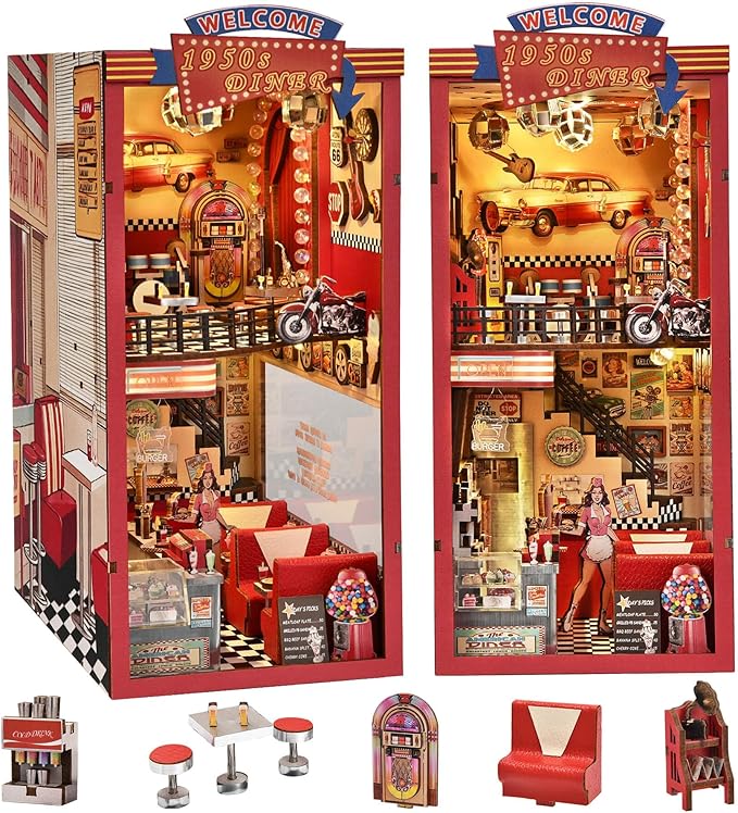 Book Nook Kit - DIY Miniature House Dollhouse Kit for Adults and Teens, Booknook Retro Diner Bookshelf Decor 3D Wooden Puzzle with LED Light, Gifts for Family and Friends (1950s Diner)
