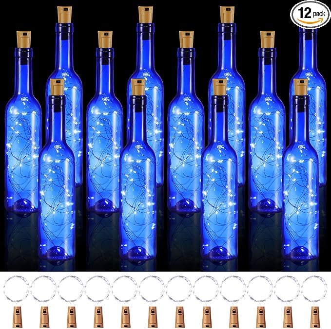 Rtteri 12 Sets Small Empty Wine Bottles with Cork Lights Centerpiece and 30 LED Battery Operated Cork Lights for Birthday Wedding Party Decoration(375 ml,Blue Bottle)