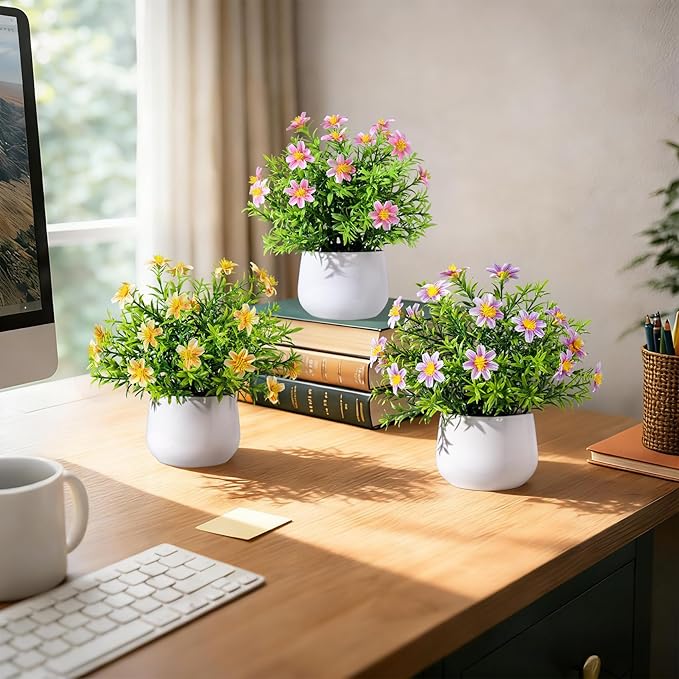 Yarmare 3 Pack Small Fake Plants Artificial Potted Flowers for Indoor Mini Faux Plants with Flowers Greenery for Home Decor Living Room Bathroom Bedroom Office Table Shelf (Pink+Yellow+Purple)