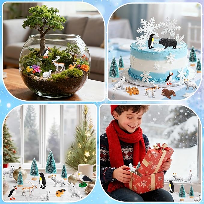 21 Pcs Mini Arctic Animals Figurines Set, Polar Bear Penguin Caribou Christmas Tree Model Winter Landscape Ornaments for Miniature Town Activities
