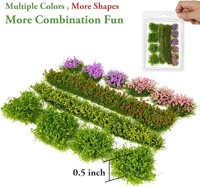 Warmtree 12 Pcs Miniature Colorful Flower Cluster Miniature Flowers Static Grass Tufts for Diorama Supplies Woodland Scenics Terrain Railway Scenery Table Landscape(Purple Pink)