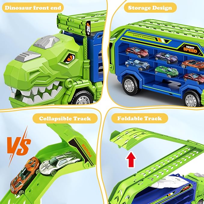 Dinosaur Truck Car Toys for 3, 4, 5, 6, 7, 8 Years Old Kids, Carrier Truck Race Track Toys, Foldable Transport Car Toy with Foldable Race Tracks, 6 Metal Cars, Birthday Gifts for Toddler Boys Girls