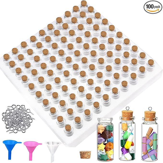100Pcs 15ml Mini Glass Bottles with Cork Stoppers - Small Clear Vials for DIY Crafts, Wedding Favors, Halloween Decor, Wishing Spell Jars, Includes Funnel-(22 * 70 mm)