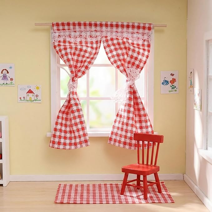 TOYANDONA 4Pcs Miniature Curtains for Dollhouses Drapes for DIY Decor Kitchen Bathroom and Bedroom Realistic Patterns Easy to Install Dollhouse Accessories