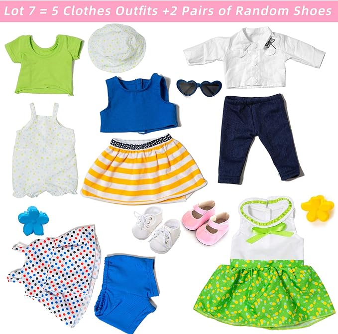 XFEYUE American 18 Inch Doll Clothes and Accessories 5 Sets Doll Clothes Dress Outfits + 2 Random Style Shoes