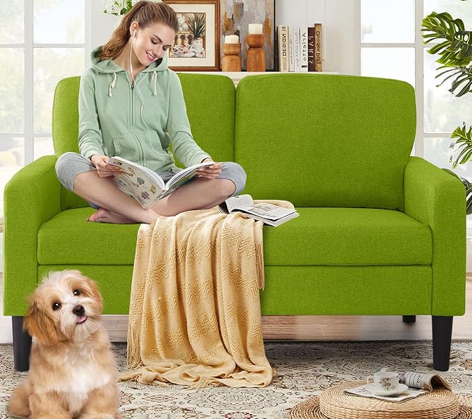 asunflower Small Loveseat 52Inch Small Space Couch Comfy Linen Fabric Love Seats, 2 Seater Sofa Office Couch Tool-Free Assembly for Bedroom,Drom Room,Kid's Room,Green