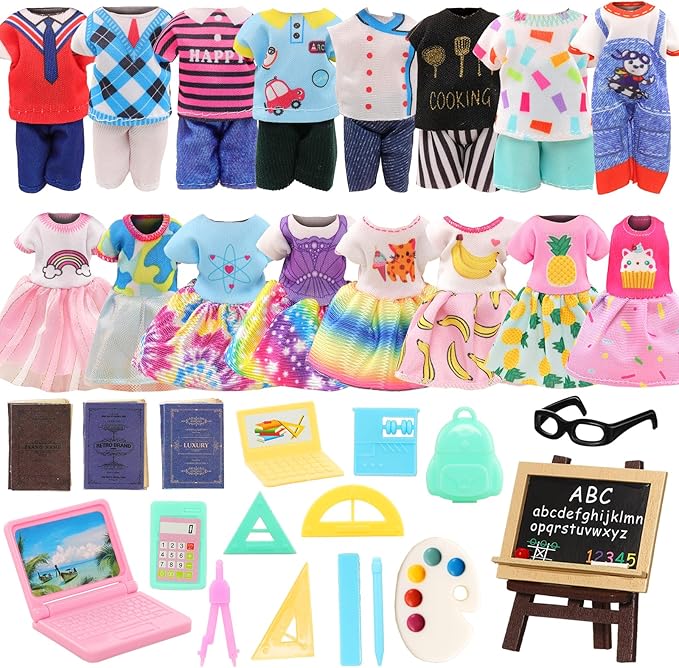 22 PCS 6 inch Dolls School Set - Doll Clothes and Accessories Including 2 Clothes Sets 3 Fashion Dresses 1 Computer 1 Glasses and 15 pcs Study Accessories
