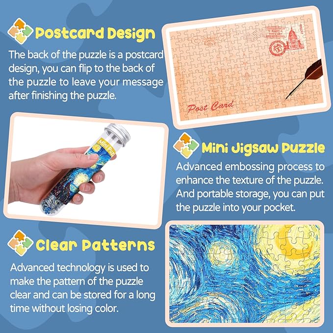 234 Pieces Mini Puzzles for Adults & Kids, 6'' x 4'' Small Puzzles Capsule Tube, Starry Night Over The Rhone Starry Night Sunflowers 3 Pack