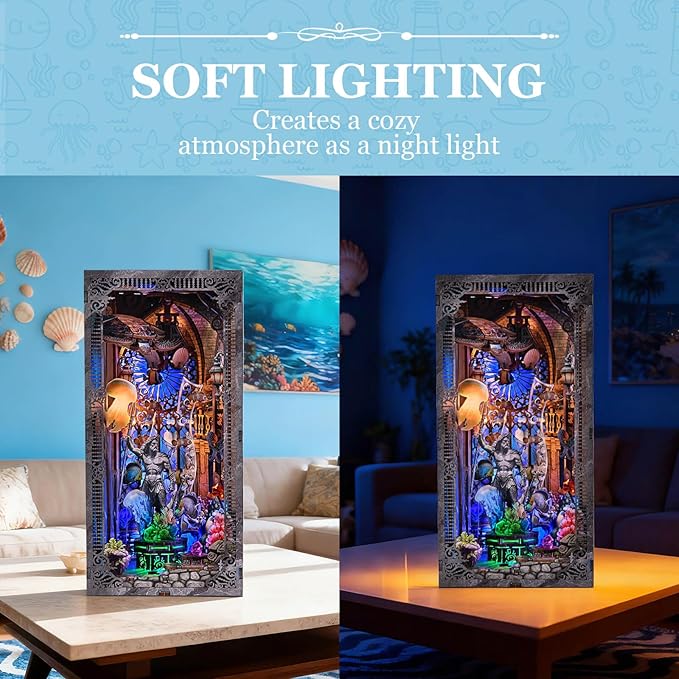 Book Nook Kit - Atlantis DIY Miniature House Dollhouse Kit for Adults and Teens, 3D Wooden Puzzle Bookend Bookshelf Insert Decor with LED Light, Gifts for Family and Friends