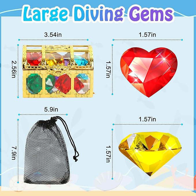 MARFOREVER 12 Pcs Large Dive Gems, Big Colorful Diamond Gems for Kids with 2 Pirate Treasure Chest Boxes Mesh Bag Underwater Pool Sinking Gems Crystal for Boys Girls Swimming Beach Bathroom Water Toys