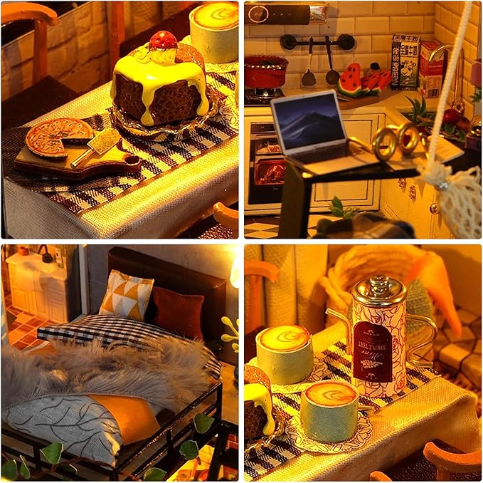 DIY Miniature House Kit, Dollhouse Kit with Dust Cover, Mini House Building Kits for for Adult to Building, Christmas Home Decorations Gifts for Family and Friends, Loft