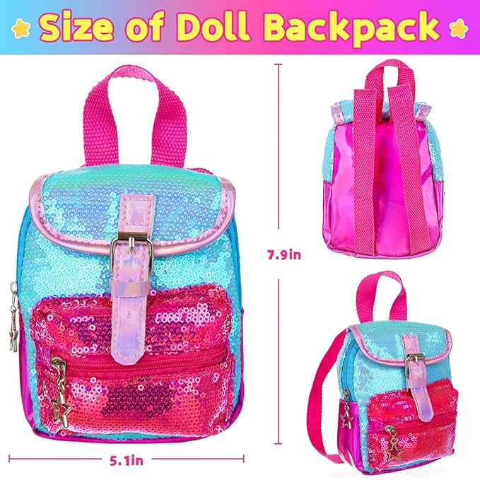 American 18 Inch Doll Clothes Set & Accessories Kit - 3-Piece Outfits with Shoes, Gradient Backpack, Hair Clip, Bracelet, Sunglasses, Toy Tablet & Phone for Kids