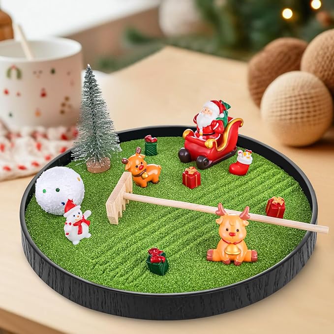 Christmas Zen Garden Kit for Desk –8.2'' Mini Zen Garden Desktop Decor with Christmas Accessories, Home Office Desk Decorations Ideal Holiday Decor Gifts for Family and Friend
