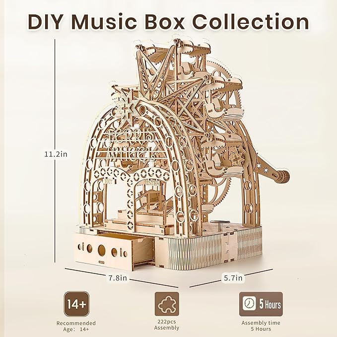 3D Wooden Puzzles for Adults: 3D Puzzle Light-Up Ferris Wheel with Music Box - 222psc Wooden Puzzles Model Building Kits Fun Gifts for Adult with Storage Box - Hobbies for Men Women（Large）