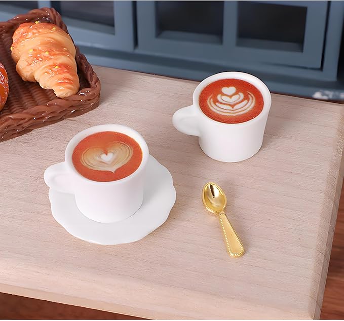 4Sets Miniature Dollhouse Dish Set – 1:12 Scale Plates, Spoons & Coffee Cups, Realistic Porcelain Tableware for Dollhouse Kitchen, Miniature Dinner Accessories,DIY Display & Decorative Utensils（White）
