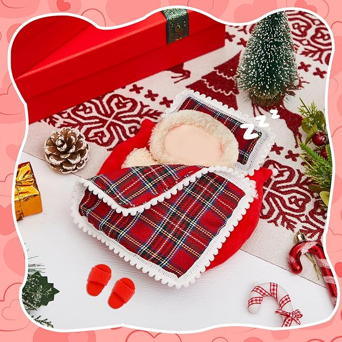 4 Pcs 17cm Doll Accessories Christmas Bedding Set Include Mattress Checkered Pillow Plaid Blanket and Slippers Bed House Furniture Heart Crown Designs (No Doll)
