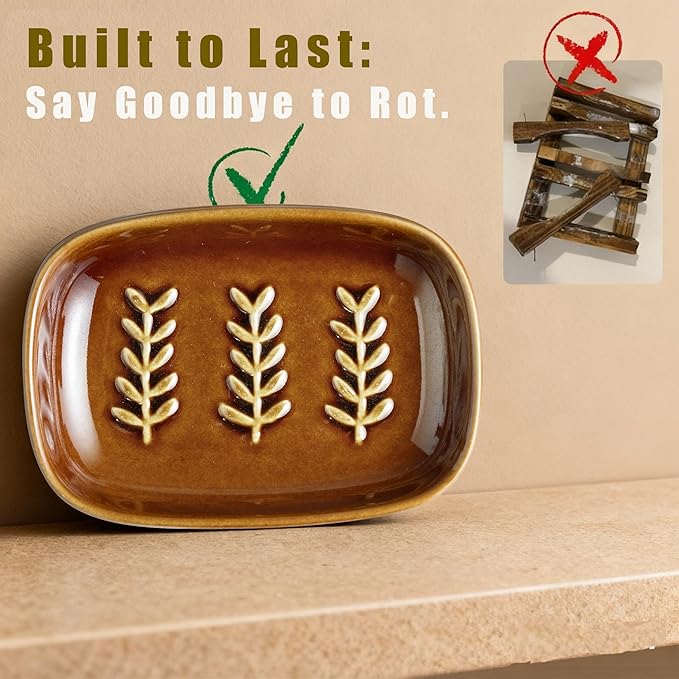 Soap Dish for Shower, Ceramic Soap Holder Soap Dishes for Bar Soap Sponge, Decorative Soap Saver Tray for Bathroom Kitchen Sink Bathtub, Pro-Environment, Extend Soap Life, Dark Brown