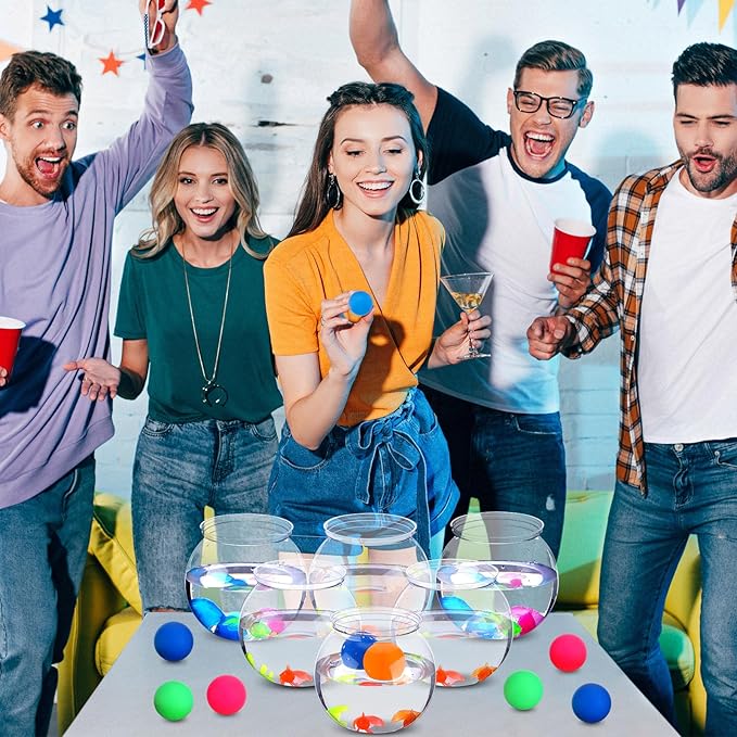 Jingmore 12 Set 30 oz Table Tennis Fish Bowl Carnival Game Favors with Bounce Round Bowls Multicolor Balls Gold Plastic Fish for Adults Carnival Game Party Activity Prizes