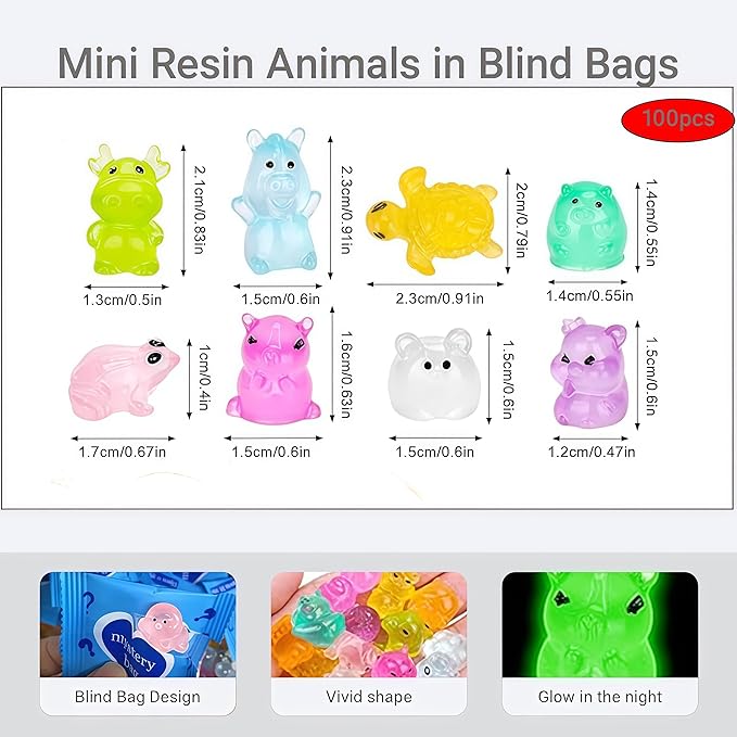 Resin Animals Mystery Bags，Mini Glow in The Dark Animal Resin Models， Design Animal Miniatures for Outdoor Decor Dollhouse Fairy Garden Accessories (100)