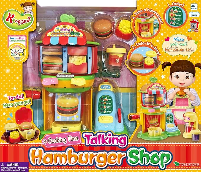 KONGSUNI Series, Talking Hamburger Shop, English Package, Youngtoys playset Bath Restaurant Shower Teeth Veggie Cake Bakery ice Cream Nurse Cooking